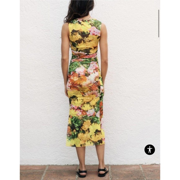 ZARA WOMENS LONG DRAPED FLORAL PRINTED TULLE DRESS SLIT sz M (B26) - Picture 2 of 16